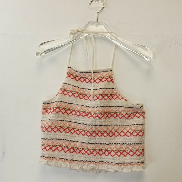 AE AMERICAN EAGLE OUTFITTERS Ivory White Crop Top MEDIUM Halter Smocked - Picture 3 of 9